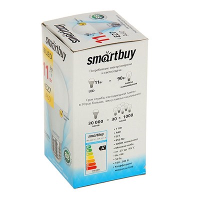Лампа cветодиодная Smartbuy, A60, E27, 11 Вт, 3000 К, теплый белый свет