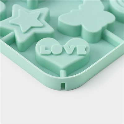 Форма для леденцов Доляна «Сладость», силикон, 15×15×1.5 см, 8 ячеек, с палочками, бирюзовая