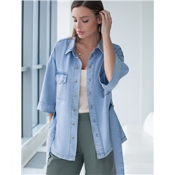 Удлиненная блузка с поясом и карманами из джинсового лиоцелла