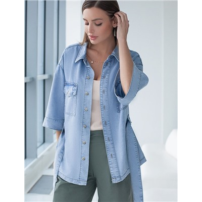 Удлиненная блузка с поясом и карманами из джинсового лиоцелла