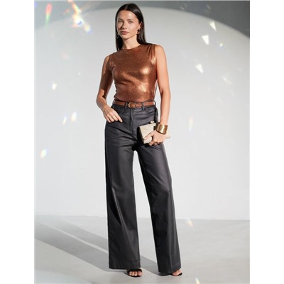 Топ с закрытым декольте из хлопка с эластаном в рубчик с матовым покрытием металлик