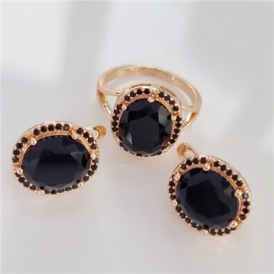 Комплект ювелирной бижутерии коллекция "Дубай" серьги и кольцо 19 р, покрытие позолота, вставка: фианиты, цвет: черный, арт.215.357-19