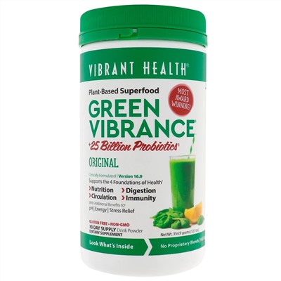 Vibrant Health, Green Vibrance +25 млрд пробиотиков, версия 16.0, 354 г (12,5 унции)