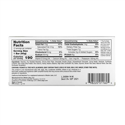 California Gold Nutrition, Foods, батончики с арахисом и кусочками черного шоколада, 12 штук, 40 г (1,4 унции) каждый
