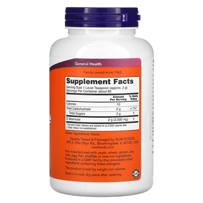 Now Foods, D-манноза, чистый порошок, 170 г (6 унций)
