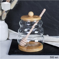 Банка для меда с ложкой на подставке бамбуковая крышка 500 мл / 7278 /уп 100/