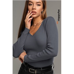 Женский джемпер в рубчик с V-вырезом Happyfox