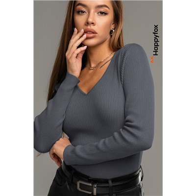 Женский джемпер в рубчик с V-вырезом Happyfox