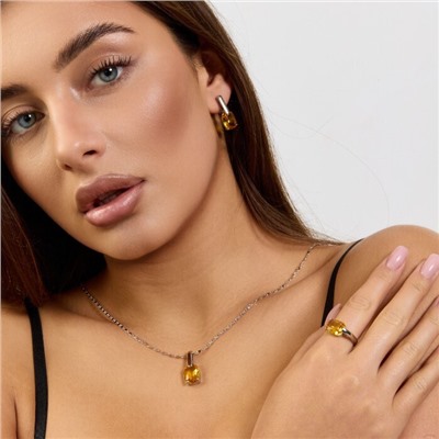 Комплект ювелирной бижутерии коллекция "Дубай" серьги, кулон и кольцо 18 р покрытие посеребрение, вставка: стекло, цвет: желтый, арт.215.535-18