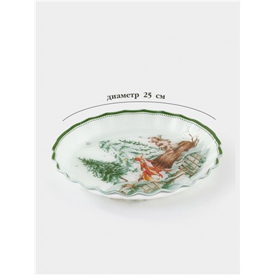 Блюдо новогоднее сервировочное Доляна «Зверьки в лесу», d=25 см, стекло, белое, зелёное