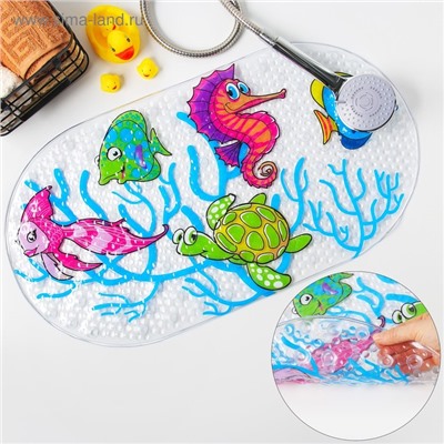 Коврик противоскользящий в ванну на присосках Доляна «Морские жители», 36×68 см