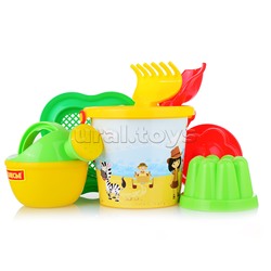 Набор №228: ведро малое с наклейкой, ситечко-цветок, совок №2, грабельки №2, 2 формочки, лейка малая