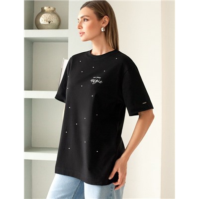 Удлиненная футболка over-size с  принтом стразами