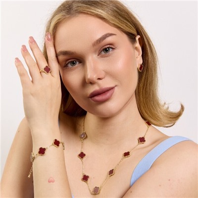 Комплект ювелирной бижутерии Итальянское золото (покрытие желтое 14к), серьги, колье, браслет на руку и кольцо 18 р, вставка: пластик, цвет: бордовый, арт.313.323-18