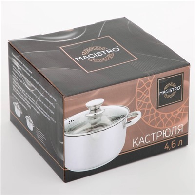 Кастрюля Magistro Tefida, 4.6 л, AISI - 201, крышка-дуршлаг, носик для слива, капсульное дно, с крышкой, индукция, нержавеющая сталь