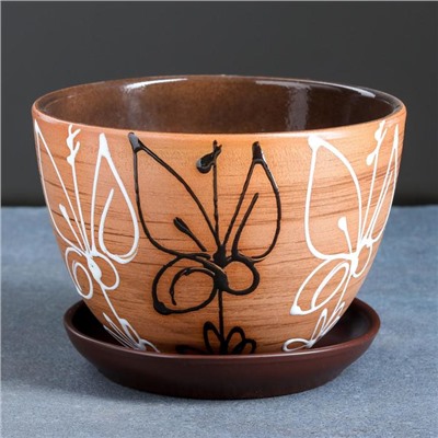 Горшок для цветов «Витраж», 1.65 л, d=17 см, h=13 см, керамический, с поддоном, коричневый