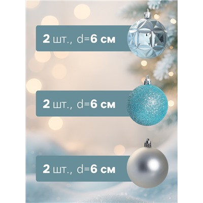 Ёлочные игрушки «Гвинет», шары новогодние, d=6 см, набор 6 шт., серебристо-голубой