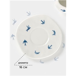 Чайная пара Доляна «Ласточки», чашка 320 мл, блюдце d=16 см, ручная роспись, керамика, белая