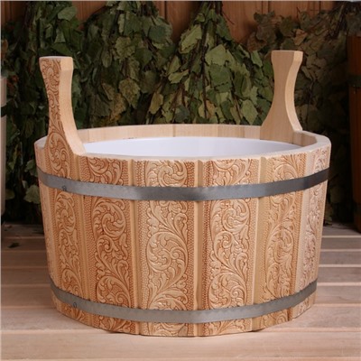 Шайка для бани и сауны «Русский узор», 8 л, деревянная, пластиковая вставка, «Добропаровъ»