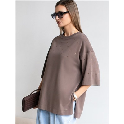 Футболка оверсайз с принтом стразами из премиального хлопка