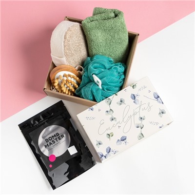 Подарочный набор «Этель» Eucaliptus полотенце 30×60 см, мочалка, массажёр