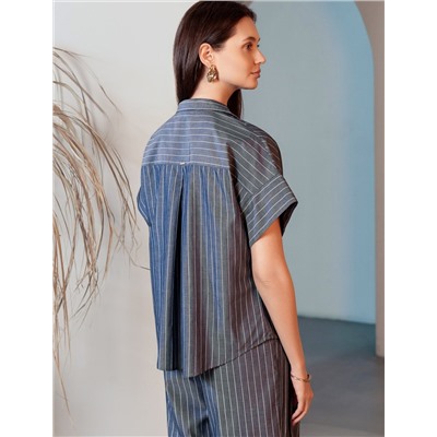 Блузка в полоску с цельнокроеным коротким рукавом из легкого хлопкового поплина