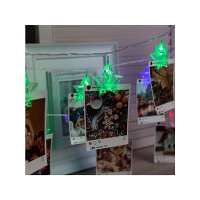 Гирлянда «Нить» 4.5 м с насадками «Прищепки-звёзды», IP20, прозрачная нить, 20 LED, свечение мульти (RG/RB), мигание, 220 В