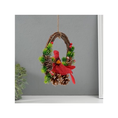 Фигурка подвеска «Красная птичка на венке с шишками», 7.5×20×20.5 см