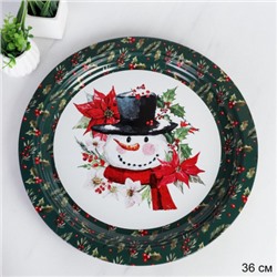 Поднос круглый 36 см металл Эмаль Снеговик Новогодний /SN -619 /уп 100/