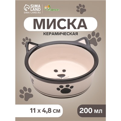 Миска для кошек Пижон «Подмигивающий кот», 200 мл, 11×4.8 см, керамика, белая, чёрная
