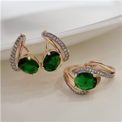 Комплект ювелирной бижутерии коллекция "Дубай" серьги и кольцо 17 р, покрытие позолота, вставка: фианиты, цвет: зеленый и прозрачный, арт.215.475-17