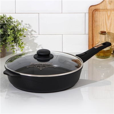 Сковорода «Престиж», d=28 см, съёмная ручка, стеклянная крышка, антипригарное покрытие, цвет чёрный