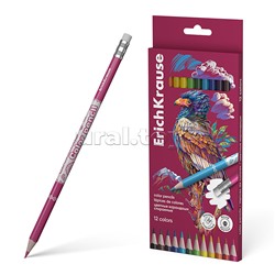 Карандаши цветные деревянные Safari круглые стираемые с ластиком, грифель 3,3 мм, 12 цветов