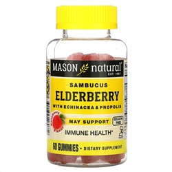 Mason Natural, бузина Sambucus с эхинацеей и прополисом, со вкусом малины, 60 жевательных мармеладок