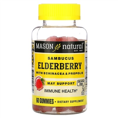 Mason Natural, бузина Sambucus с эхинацеей и прополисом, со вкусом малины, 60 жевательных мармеладок