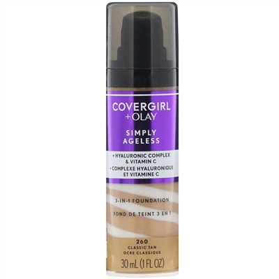 Covergirl, Olay Simply Ageless, тональная основа 3 в 1, оттенок 260 «Классический загар», 30 мл (1 жидк. унция)