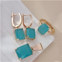 Комплект ювелирной бижутерии коллекция "Дубай" серьги, кулон и кольцо 17 р покрытие позолота, вставка: стекло, цвет: тиффани матовый, арт.215.577-17