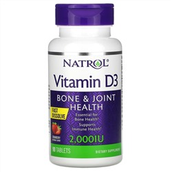 Natrol, витамин D3 для здоровья костей и суставов, клубничный вкус, 2000 МЕ, 90 таблеток