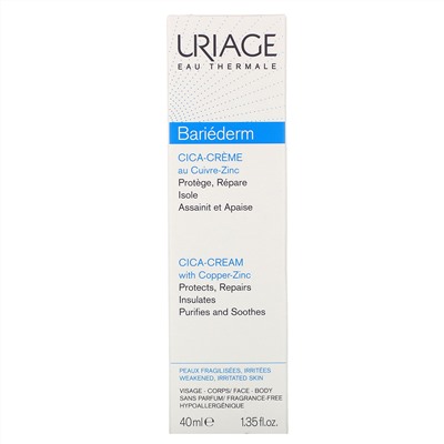 Uriage, Bariederm, Cica-Cream with Copper-Zinc, Fragrance-Free, 1.35 fl oz (40 ml)