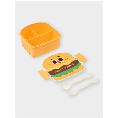 Ланч - бокс, контейнер для еды Доляна «Счастливый бургер», 3 ячейки, с ложкой и вилкой, 17.5×15.5×8 см, пластик, жёлтый