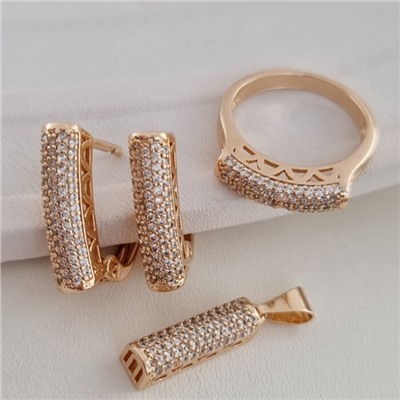 Комплект ювелирная бижутерия коллекция "Дубай" дорожка серьги, кулон и кольцо 18 р, покрытие: позолота, вставка: цирконы, цвет: прозрачный, арт.213.819-18