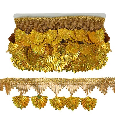 Тесьма с висюльками, ширина 7.5 см, в рулоне 10 м, золотая