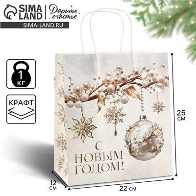 Пакет подарочный новогодний «С Новым годом», белый крафт, 22×25×12 см
