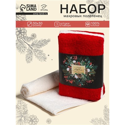 Набор новогодних махровых полотенец «Этель. Всё сбудется» 30×30 см - 3 шт., хлопок 100%