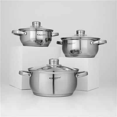 Набор кастрюль «Гретта», 3 предмета: 1.6 л, 2.2 л, 3.2 л, капсульное дно, индукция, нержавеющая сталь, AISI - 201