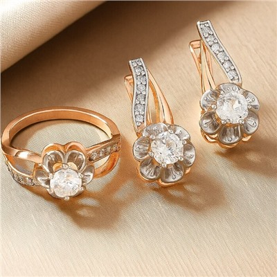 Комплект ювелирной бижутерии коллекция "Дубай" серьги и кольцо 19 р, покрытие позолота, вставка: фианиты, цвет: прозрачный, арт.217.373-19