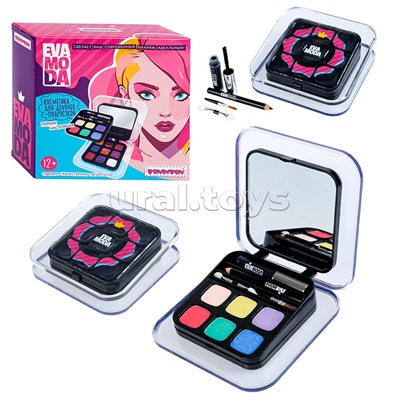 Набор детской декор. косметики Eva Moda, BOX 14х14х4,5 см; тени для век-4шт.(3,84г), блеск для губ-9шт.(6,48г), румяна-2шт.(1,92г), тушь-1шт.(1,6г), косметический карандаш-1шт.(0,56г), аппликатор-2шт., зеркало-2шт.,