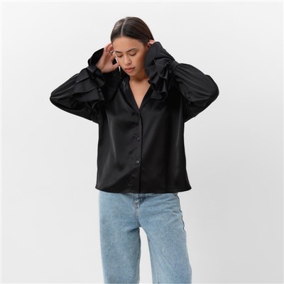 Блузка шелковая с воланами женская MIST, размер 46, чёрная