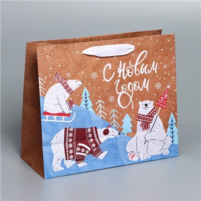 Пакет подарочный новогодний крафтовый «Белые медведи», ML 27×23×11.5 см