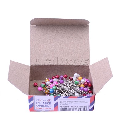Булавки офисные "Attomex" с пластиковой цветной шляпкой 38 мм, 100 шт в картонной коробке